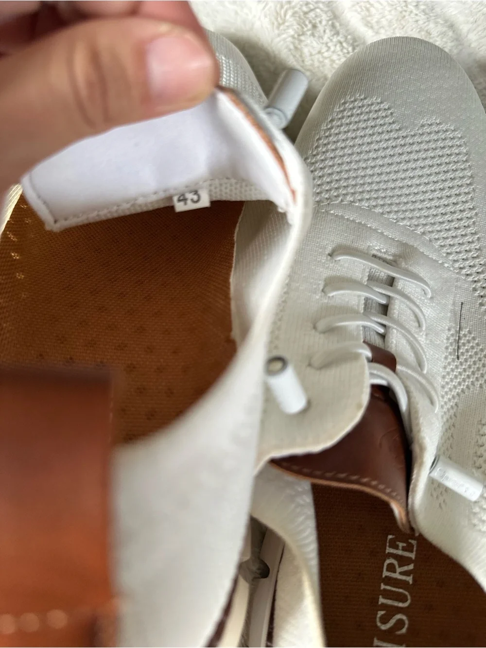 White Slip-On Knit Women's Sneakers with Brown Trim